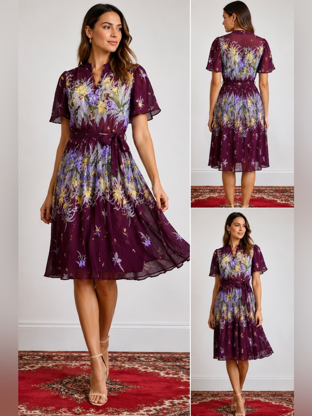 Vintage Janine burgundy maroon pleated floral flower short sleeve dress